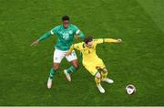 29 March 2022; Titas Milasius of Lithuania in action against Chiedozie Ogbene of Republic of Ireland during the international friendly match between Republic of Ireland and Lithuania at the Aviva Stadium in Dublin. Photo by Michael P Ryan/Sportsfile