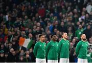 29 March 2022; Republic of Ireland players, from left, Callum Robinson, Chiedozie Ogbene, Will Keane and Conor Hourihane during the national anthem before the international friendly match between Republic of Ireland and Lithuania at the Aviva Stadium in Dublin. Photo by Eóin Noonan/Sportsfile