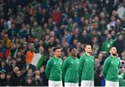 29 March 2022; Republic of Ireland players, from left, Callum Robinson, Chiedozie Ogbene, Will Keane and Conor Hourihane during the national anthem before the international friendly match between Republic of Ireland and Lithuania at the Aviva Stadium in Dublin. Photo by Eóin Noonan/Sportsfile