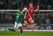 29 March 2022; Roland Sallai of Hungary in action against Niall McGinn of Northern Ireland during the international friendly match between Northern Ireland and Hungary at National Football Stadium at Windsor Park in Belfast. Photo by Ramsey Cardy/Sportsfile