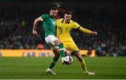 29 March 2022; Alan Browne of Republic of Ireland in action against Edgaras Utkus of Lithuania during the international friendly match between Republic of Ireland and Lithuania at the Aviva Stadium in Dublin. Photo by Ben McShane/Sportsfile
