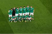 29 March 2022; The Republic of Ireland team, back row, from left, Callum Robinson, Caoimhin Kelleher, Matt Doherty, Dara O'Shea, John Egan, Nathan Collins and Will Keane, front row, from left, Alan Browne, Chiedozie Ogbene, Conor Hourihane and Ryan Manning, before the international friendly match between Republic of Ireland and Lithuania at the Aviva Stadium in Dublin. Photo by Michael P Ryan/Sportsfile
