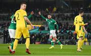 29 March 2022; Conor Hourihane of Republic of Ireland turns to celebrate after scoring his side's first goal, which was subsequently disallowed, during the international friendly match between Republic of Ireland and Lithuania at the Aviva Stadium in Dublin. Photo by Eóin Noonan/Sportsfile