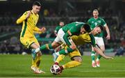 29 March 2022; Callum Robinson of Republic of Ireland is tackled by Linas Klimavicius of Lithuania during the international friendly match between Republic of Ireland and Lithuania at the Aviva Stadium in Dublin. Photo by Eóin Noonan/Sportsfile