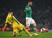 29 March 2022; Conor Hourihane of Republic of Ireland in action against Edgaras Utkus of Lithuania during the international friendly match between Republic of Ireland and Lithuania at the Aviva Stadium in Dublin. Photo by Eóin Noonan/Sportsfile