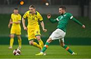 29 March 2022; Conor Hourihane of Republic of Ireland in action against Vykintas Slivka of Lithuania during the international friendly match between Republic of Ireland and Lithuania at the Aviva Stadium in Dublin. Photo by Sam Barnes/Sportsfile