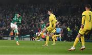 29 March 2022; Troy Parrott of Republic of Ireland scores his side's winning goal during the international friendly match between Republic of Ireland and Lithuania at the Aviva Stadium in Dublin. Photo by Eóin Noonan/Sportsfile