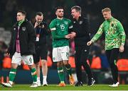 29 March 2022; Troy Parrott of Republic of Ireland and manager Stephen Kenny after their side's victory in the international friendly match between Republic of Ireland and Lithuania at the Aviva Stadium in Dublin. Photo by Eóin Noonan/Sportsfile