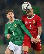 29 March 2022; Trai Hume of Northern Ireland and Zsolt Nagy of Hungary during the international friendly match between Northern Ireland and Hungary at National Football Stadium at Windsor Park in Belfast. Photo by Ramsey Cardy/Sportsfile