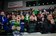 29 March 2022; Northern Ireland supporters react to a missed goal chance in injury time during the international friendly match between Northern Ireland and Hungary at National Football Stadium at Windsor Park in Belfast. Photo by Ramsey Cardy/Sportsfile