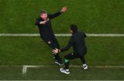 29 March 2022; Republic of Ireland manager Stephen Kenny, left, and coach Keith Andrews celebrate their side's winning goal, scored by Troy Parrott, not pictured, during the international friendly match between Republic of Ireland and Lithuania at the Aviva Stadium in Dublin. Photo by Michael P Ryan/Sportsfile