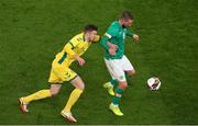 29 March 2022; Conor Hourihane of Republic of Ireland in action against Edgaras Utkus of Lithuania during the international friendly match between Republic of Ireland and Lithuania at the Aviva Stadium in Dublin. Photo by Michael P Ryan/Sportsfile