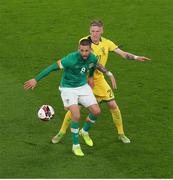 29 March 2022; Conor Hourihane of Republic of Ireland in action against Linas Klimavicius of Lithuania during the international friendly match between Republic of Ireland and Lithuania at the Aviva Stadium in Dublin. Photo by Michael P Ryan/Sportsfile