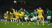 29 March 2022; Rolandas Baravykas of Lithuania has an acrobatic attempt at goal during the international friendly match between Republic of Ireland and Lithuania at the Aviva Stadium in Dublin. Photo by Sam Barnes/Sportsfile