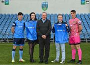 30 March 2022; In attendance at the announcement of JIGSAW as UCD FC charity partner in collaboration with the UCD Students' Union are, from left, Liam Kerrigan of UCD, Orla Ferrie, JIGSAW fundraising team, Dick Shakespeare, UCD Secretary, Ruairí Power, UCD Student Union President, and Lorcan Healy of UCD,  at the UCD Bowl in Belfield, Dublin. Photo by Sam Barnes/Sportsfile