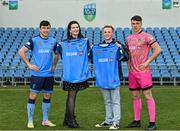 30 March 2022; In attendance at the announcement of JIGSAW as UCD FC charity partner in collaboration with the UCD Students' Union are, from left, Liam Kerrigan of UCD, Orla Ferrie, JIGSAW fundraising team, Ruairí Power, UCD Student Union President, and Lorcan Healy of UCD,  at the UCD Bowl in Belfield, Dublin. Photo by Sam Barnes/Sportsfile
