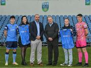 30 March 2022; In attendance at the announcement of JIGSAW as UCD FC charity partner in collaboration with the UCD Students' Union are, from left, Liam Kerrigan of UCD, Orla Ferrie, JIGSAW fundraising team, Andy Myler, UCD Manager, Dick Shakespeare, UCD Secretary, Ruairí Power, UCD Student Union President, and Lorcan Healy of UCD,  at the UCD Bowl in Belfield, Dublin. Photo by Sam Barnes/Sportsfile