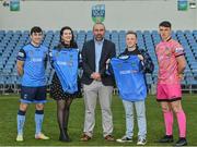 30 March 2022; In attendance at the announcement of JIGSAW as UCD FC charity partner in collaboration with the UCD Students' Union are, from left, Liam Kerrigan of UCD, Orla Ferrie, JIGSAW fundraising team, Andy Myler, UCD Manager, Ruairí Power, UCD Student Union President, and Lorcan Healy of UCD,  at the UCD Bowl in Belfield, Dublin. Photo by Sam Barnes/Sportsfile