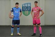 30 March 2022; UCD players, Liam Kerrigan, left, and Lorcan Healy, in attendance at the announcement of JIGSAW as UCD FC charity partner in collaboration with the UCD Students' Union at the UCD Bowl in Belfield, Dublin. Photo by Sam Barnes/Sportsfile