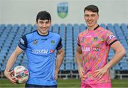 30 March 2022; UCD players, Liam Kerrigan, left, and Lorcan Healy, in attendance at the announcement of JIGSAW as UCD FC charity partner in collaboration with the UCD Students' Union at the UCD Bowl in Belfield, Dublin. Photo by Sam Barnes/Sportsfile