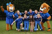 30 March 2022; In attendance at the launch of Leinster Rugby Summer Camps are, backrow from left, mascot Leona the Lioness, Leinster players Ali Coleman, James Lowe, Jordan Larmour and Aoife Wafer, and mascot Leo the Lion, with front row, from left, Kaleb McCallister, aged 12, Fiadh Bel Molloy, aged 9, Holly O'Dell, aged 11, and James Mullrooney, aged 10, at St Mary's College RFC in Dublin. Photo by Sam Barnes/Sportsfile