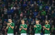 29 March 2022; Northern Ireland players, from left, Ciaron Brown, Alistair McCann, Patrick Lane and Niall McGinn, before the international friendly match between Northern Ireland and Hungary at National Football Stadium at Windsor Park in Belfast. Photo by Ramsey Cardy/Sportsfile