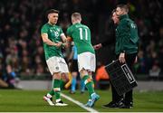 29 March 2022; James McClean of Republic of Ireland, 11, is substituted on for Dara O'Shea of Republic of Ireland during the international friendly match between Republic of Ireland and Lithuania at the Aviva Stadium in Dublin. Photo by Ben McShane/Sportsfile