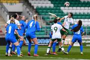 29 March 2022; Aoife Kelly of Republic of Ireland heads a cross during the UEFA Women's U17's Round 2 Qualifier match between Republic of Ireland and Iceland at Tallaght Stadium in Dublin. Photo by Ben McShane/Sportsfile