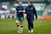 29 March 2022; Michaela Lawrence of Republic of Ireland, left, with Republic of Ireland equipment manager Aoife O'Brien before the UEFA Women's U17's Round 2 Qualifier match between Republic of Ireland and Iceland at Tallaght Stadium in Dublin. Photo by Ben McShane/Sportsfile
