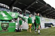 29 March 2022; Republic of Ireland captain Abbie Larkin leads her side out before the UEFA Women's U17's Round 2 Qualifier match between Republic of Ireland and Iceland at Tallaght Stadium in Dublin. Photo by Ben McShane/Sportsfile