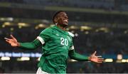 29 March 2022; Chiedozie Ogbene of Republic of Ireland celebrates after scoring a goal which is ultimately ruled as off side during the international friendly match between Republic of Ireland and Lithuania at the Aviva Stadium in Dublin. Photo by Eóin Noonan/Sportsfile