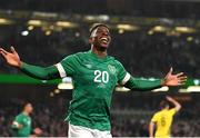 29 March 2022; Chiedozie Ogbene of Republic of Ireland celebrates after scoring a goal which is ultimately ruled as off side during the international friendly match between Republic of Ireland and Lithuania at the Aviva Stadium in Dublin. Photo by Eóin Noonan/Sportsfile