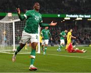 29 March 2022; Chiedozie Ogbene of Republic of Ireland celebrates after scoring a goal which is ultimately ruled as off side during the international friendly match between Republic of Ireland and Lithuania at the Aviva Stadium in Dublin. Photo by Eóin Noonan/Sportsfile