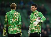 29 March 2022; Republic of Ireland goalkeeper Max O'Leary with teammate Caoimhin Kelleher during the international friendly match between Republic of Ireland and Lithuania at the Aviva Stadium in Dublin. Photo by Eóin Noonan/Sportsfile
