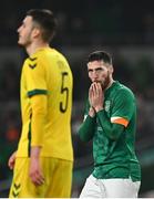 29 March 2022; Matt Doherty of Republic of Ireland reacts during the international friendly match between Republic of Ireland and Lithuania at the Aviva Stadium in Dublin. Photo by Eóin Noonan/Sportsfile