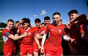 31 March 2022; Catholic University School players celebrate after their side's victory in the Bank of Ireland Vinnie Murray Cup Final match between St Fintan's High School and Catholic University School at Energia Park in Dublin. Photo by Harry Murphy/Sportsfile