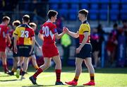 31 March 2022; Jack O’Connell of Catholic University School and Shane Patterson of St Fintans High School shake hands after the Bank of Ireland Vinnie Murray Cup Final match between St Fintan's High School and Catholic University School at Energia Park in Dublin. Photo by Harry Murphy/Sportsfile