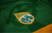 30 March 2022; Detail view of the Kerry GAA crest on their jersey during a Kerry football squad portrait session at Kerry GAA Centre of Excellence in Currans, Kerry. Photo by Brendan Moran/Sportsfile
