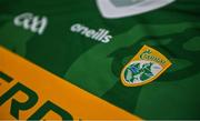 30 March 2022; Detail view of the Kerry GAA crest on their jersey during a Kerry football squad portrait session at Kerry GAA Centre of Excellence in Currans, Kerry. Photo by Brendan Moran/Sportsfile