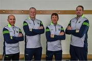30 March 2022; Manager Jack O'Connor, second from right, with from left, coach Paddy Tally and selectors Diarmuid Murphy and Micheál Quirke during a Kerry football squad portrait session at Kerry GAA Centre of Excellence in Currans, Kerry. Photo by Brendan Moran/Sportsfile