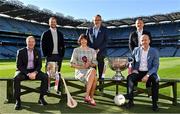 1 April 2022; Sky Sports announced their 2022 GAA Championship fixtures, along with an all-star panel of pundits and commentators for the season ahead. Pictured at the launch in Croke Park is presenter Gráinne McElwain and Uachtarán Chumann Lúthchleas Gael Larry McCarthy with pundits from left, Jamesie O'Connor, JJ Delaney, Ollie Canning and Peter Canavan. As part of the 2022 GAA schedule of fixtures, Sky Sports Arena will be the home of GAA, with a total of 20 games broadcasting on the channel – 14 of which are exclusive to Sky Sports. Photo by Brendan Moran/Sportsfile