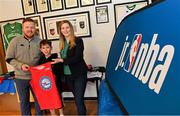 1 April 2022; In attendance at the draw for the 2022 Jr NBA Draft at the National Basketball Arena in Dublin, are, from left to right, Daryl Lambe, Basketball Ireland, Sean Murphy, age 12, and Sinead Joyce, Marketing Manager, DeCare Dental. Photo by Ramsey Cardy/Sportsfile