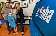 1 April 2022; In attendance at the draw for the 2022 Jr NBA Draft at the National Basketball Arena in Dublin, are, from left to right, Daryl Lambe, Basketball Ireland, Emma Murphy, age 10, and Sinead Joyce, Marketing Manager, DeCare Dental. Photo by Ramsey Cardy/Sportsfile