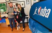 1 April 2022; In attendance at the draw for the 2022 Jr NBA Draft at the National Basketball Arena in Dublin, are, from left to right, Daryl Lambe, Basketball Ireland, Amy Crean, age 10, and Sinead Joyce, Marketing Manager, DeCare Dental. Photo by Ramsey Cardy/Sportsfile