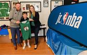 1 April 2022; In attendance at the draw for the 2022 Jr NBA Draft at the National Basketball Arena in Dublin, are, from left to right, Daryl Lambe, Basketball Ireland, Sean Murphy, age 12, and Sinead Joyce, Marketing Manager, DeCare Dental. Photo by Ramsey Cardy/Sportsfile