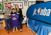 1 April 2022; In attendance at the draw for the 2022 Jr NBA Draft at the National Basketball Arena in Dublin, are, from left to right, Daryl Lambe, Basketball Ireland, Sean Murphy, age 12, and Sinead Joyce, Marketing Manager, DeCare Dental. Photo by Ramsey Cardy/Sportsfile