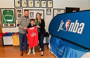 1 April 2022; In attendance at the draw for the 2022 Jr NBA Draft at the National Basketball Arena in Dublin, are, from left to right, Daryl Lambe, Basketball Ireland, Sean Murphy, age 12, and Sinead Joyce, Marketing Manager, DeCare Dental. Photo by Ramsey Cardy/Sportsfile