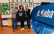 1 April 2022; In attendance at the draw for the 2022 Jr NBA Draft at the National Basketball Arena in Dublin, are, from left to right, Daryl Lambe, Basketball Ireland, Martina Kelly, Longford Phoenix, and Sinead Joyce, Marketing Manager, DeCare Dental. Photo by Ramsey Cardy/Sportsfile