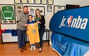 1 April 2022; In attendance at the draw for the 2022 Jr NBA Draft at the National Basketball Arena in Dublin, are, from left to right, Daryl Lambe, Basketball Ireland, Amy Crean, age 10, and Sinead Joyce, Marketing Manager, DeCare Dental. Photo by Ramsey Cardy/Sportsfile