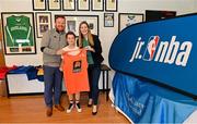 1 April 2022; In attendance at the draw for the 2022 Jr NBA Draft at the National Basketball Arena in Dublin, are, from left to right, Daryl Lambe, Basketball Ireland, Emma Murphy, age 10, and Sinead Joyce, Marketing Manager, DeCare Dental. Photo by Ramsey Cardy/Sportsfile